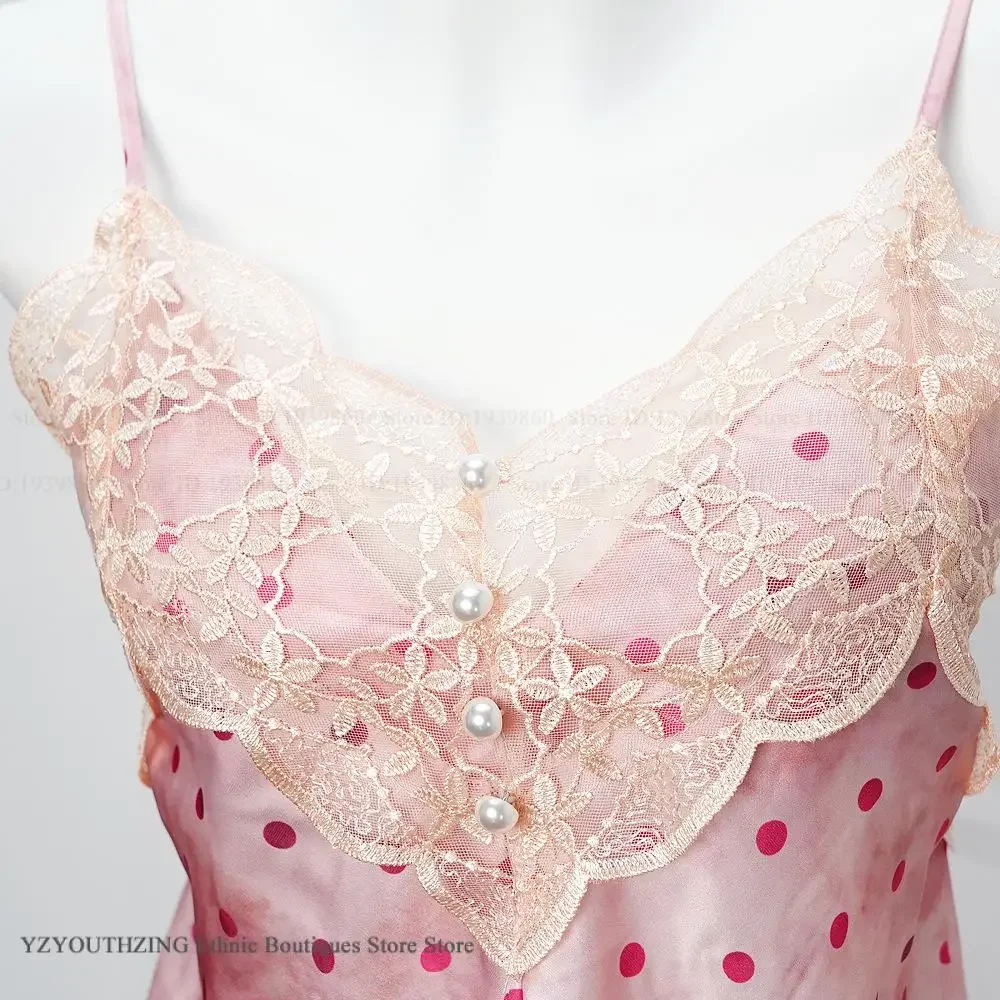 

Sexy Lace Intimate Lingerie Pajamas Set Summer New Strap Top&shorts Home Clothing Sleepwear Sweet Pink Dot Satin Loungewear