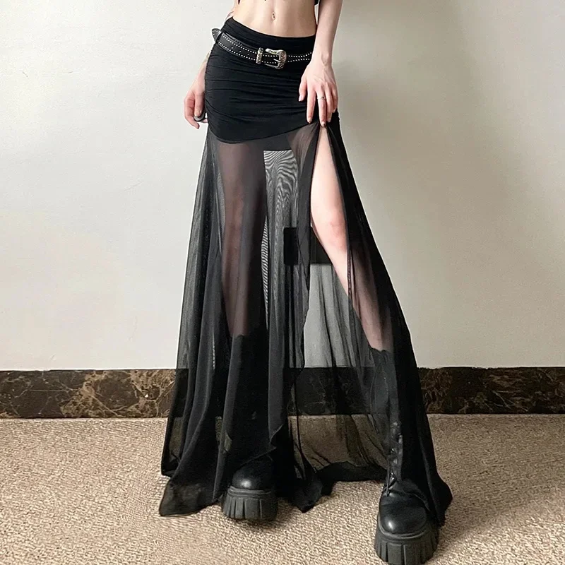 Sexy Black Split Long Skirt Women Gothic  Mesh Patchwrok Hip Wrap Skirts Summer Streetwear Aesthetic Folds Slim A Line Faldas