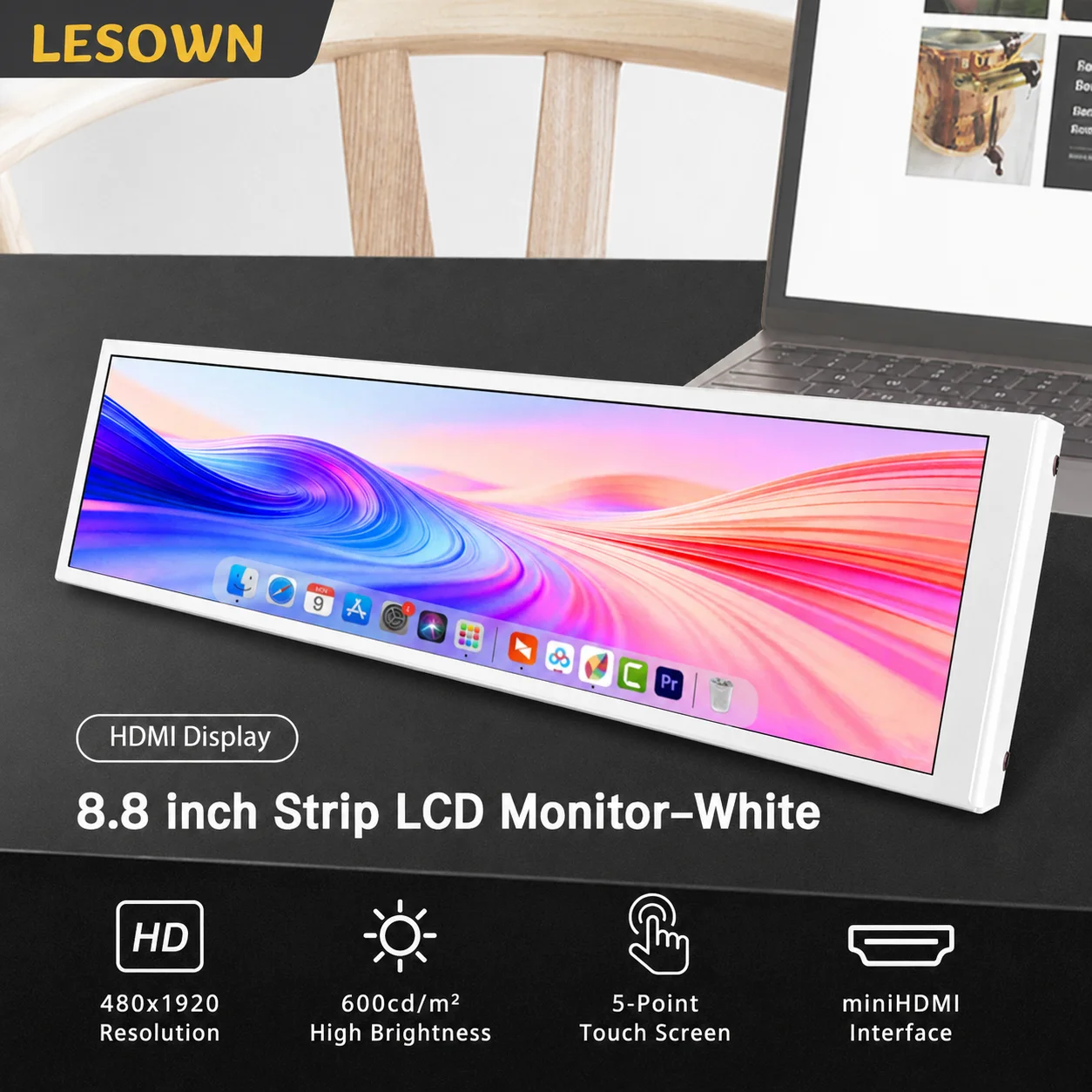 Портативный горизонтальный монитор LESOWN Small 8.8in с вытянутым экраном 480x1920 IPS для ноутбуков, ПК, игр и развлечений