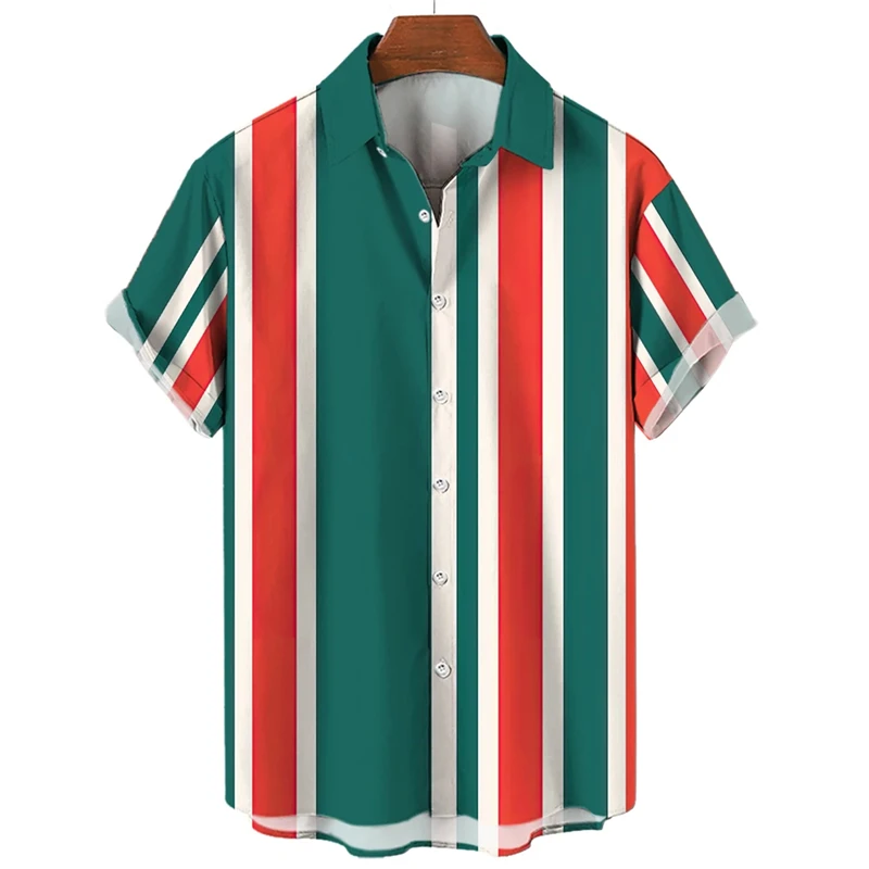 스트라이프 프린트 상의, 오버사이즈 남성 의류, 캐주얼 반팔 버튼 블라우스, 하와이 셔츠, 여름 패션