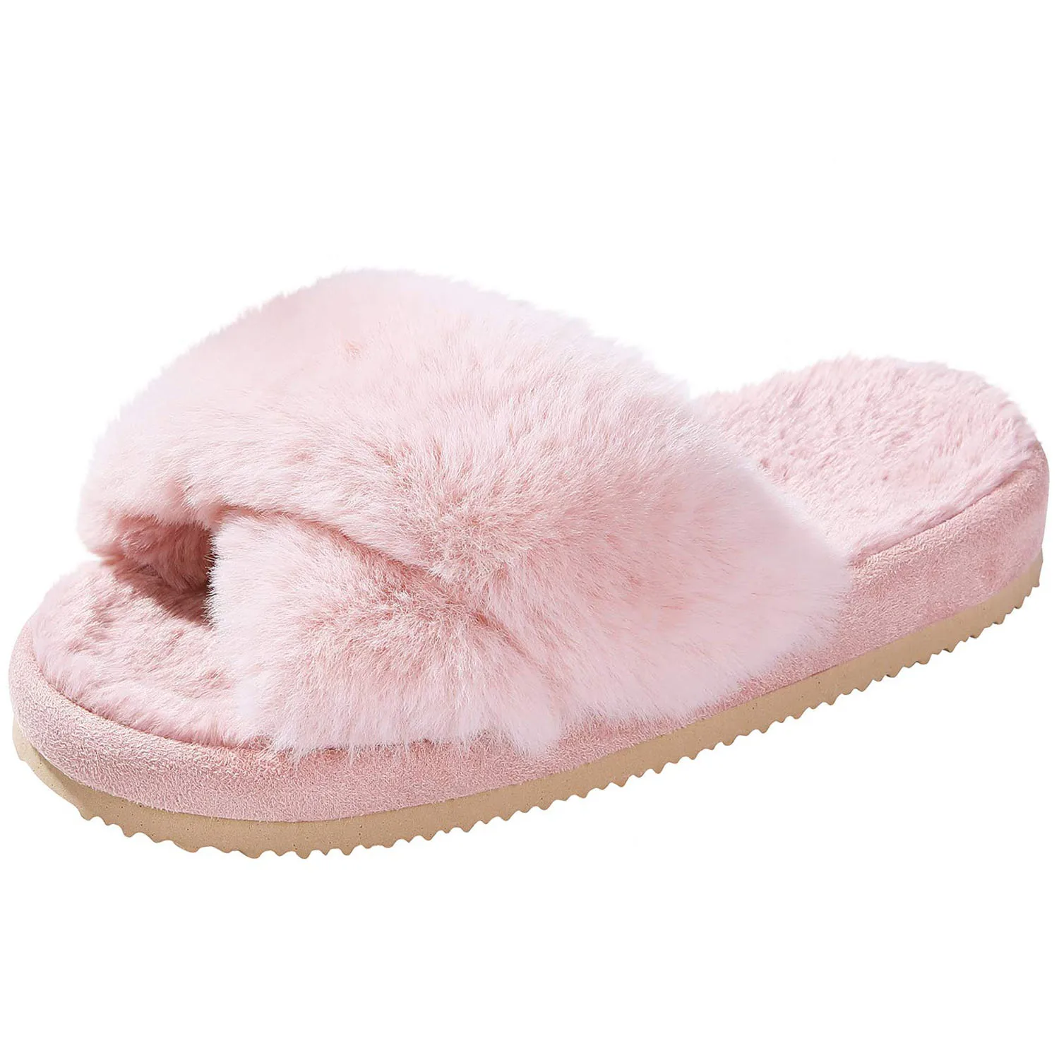 Comwarm Cross Band Fuzzy Slippers Women Fashion Fluffy Open Toe House Slippers Winter Cozy Plush Bedroom Slides Indoor Outdoor