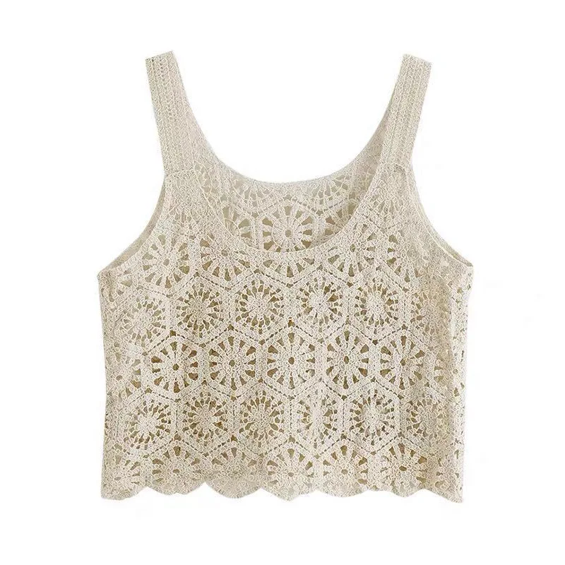 Top Corto Vintage da Donna all'Uncinetto, Stile Boho, con Motivo Floreale Traforato, Canotta Estiva da Spiaggia Senza Maniche