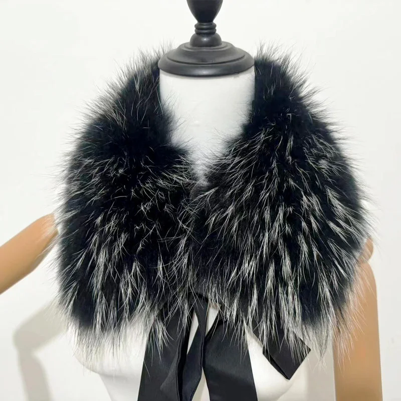 Raccoon Fur Collar Women Winter Coat Hood Decor Furry Fur Collar Fashion Warm Coat Shawl Natural Raccoon Fur Scarf Neck Warmer