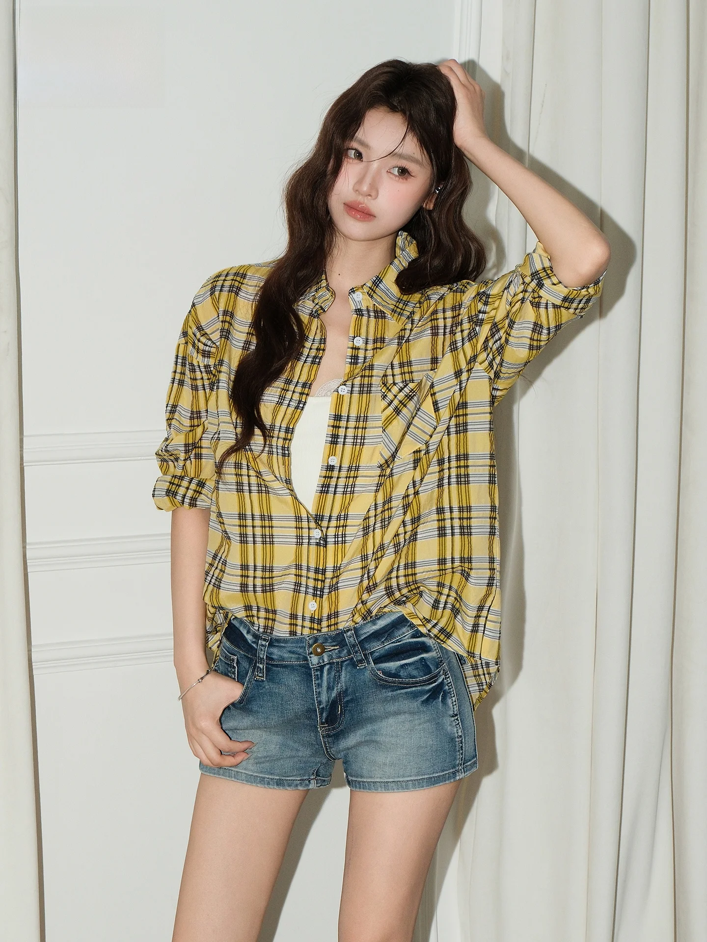 

Американская ретро-рубашка с длинным рукавом, женская, свободного кроя, в повседневном стиле, летняя, модная, на пуговицах, с клетчатым узором