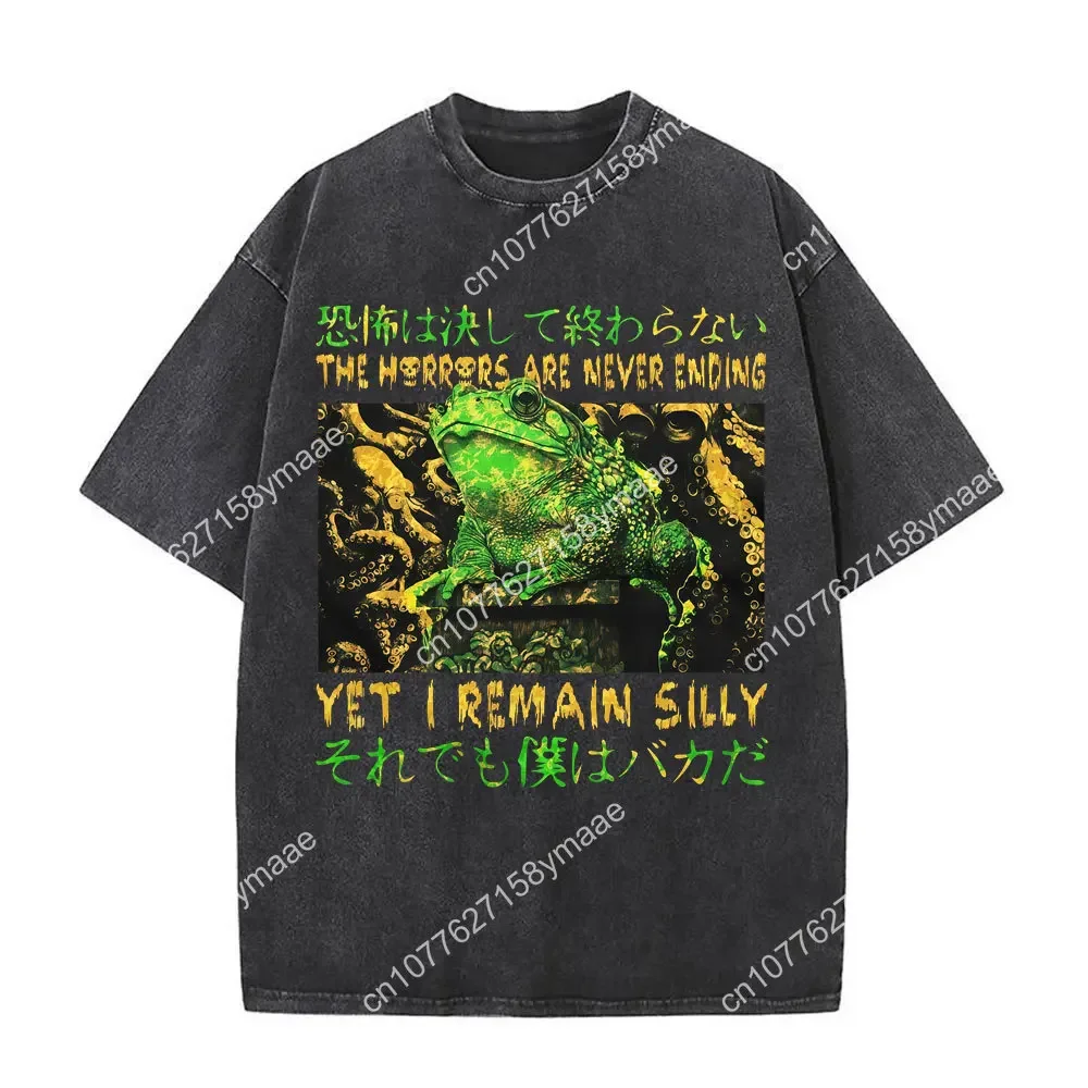 The Horrors Are Never Ending Yet I Remain Silly T-shirt Funny Japanese Style Frog Retro Washed T Shirt Men Women's Oversized T-s