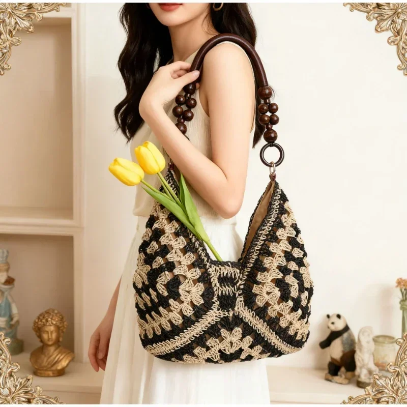 Hohl gestrickte Häkel-Schultertasche, Damen Casual Colorblock Handtasche für den Arbeitsweg, Leichte Sommer-Reisetasche – Detail 15