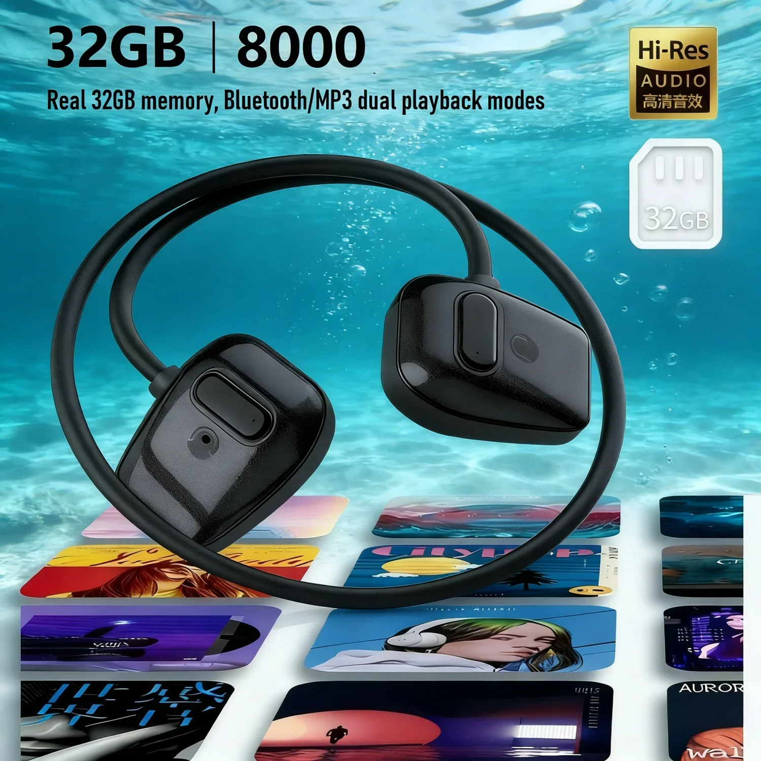 

Open Bone Conduction Bluetooth Headphones with 32G Memory MP3 IP68 Waterproof 15g Lightweight Ear Hook Earphones for Swimming