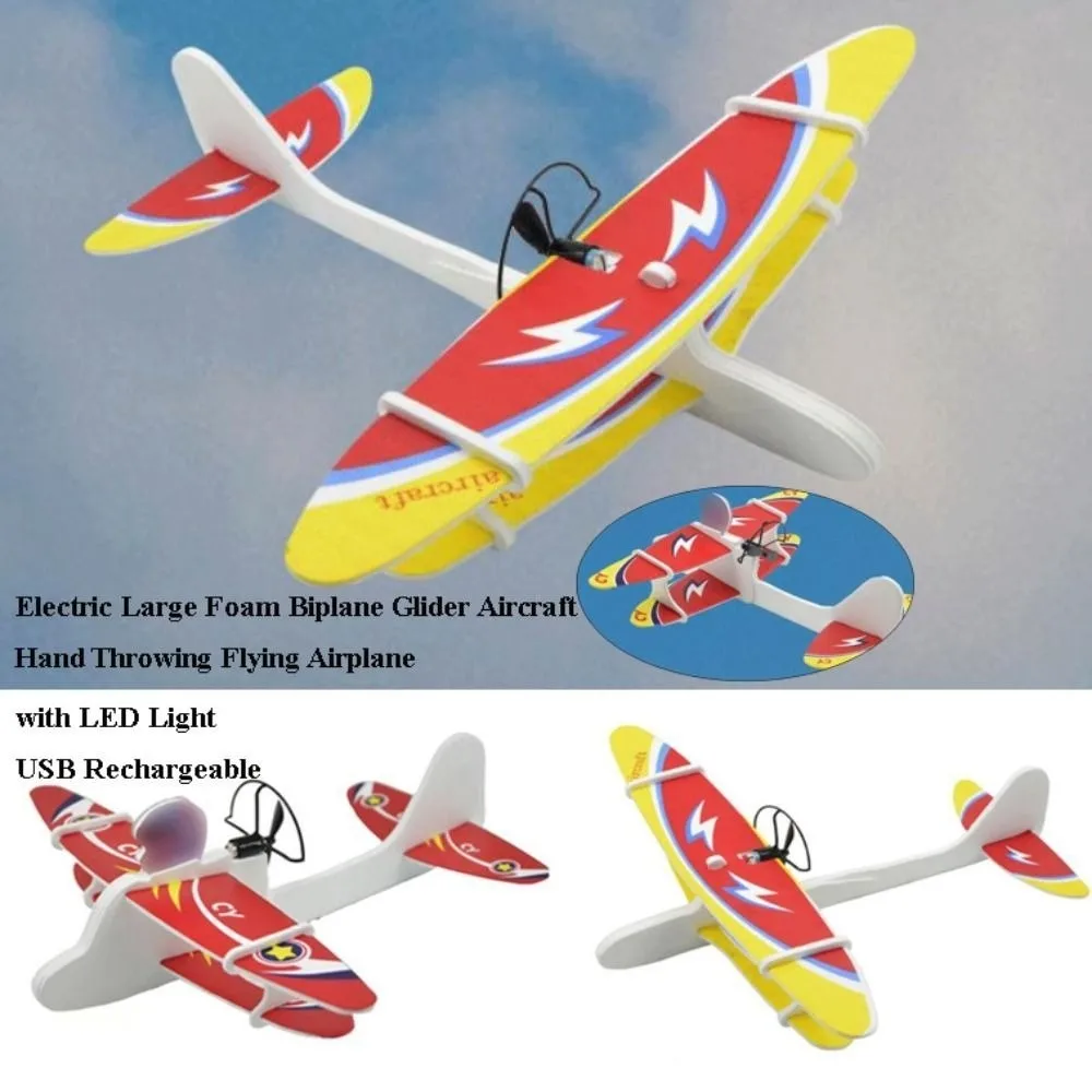 

USB Rechargeable Electric Large Foam Biplane Glider PP 24.5mm*9mm*24mm Hand Throwing Flying Airplane with LED Light