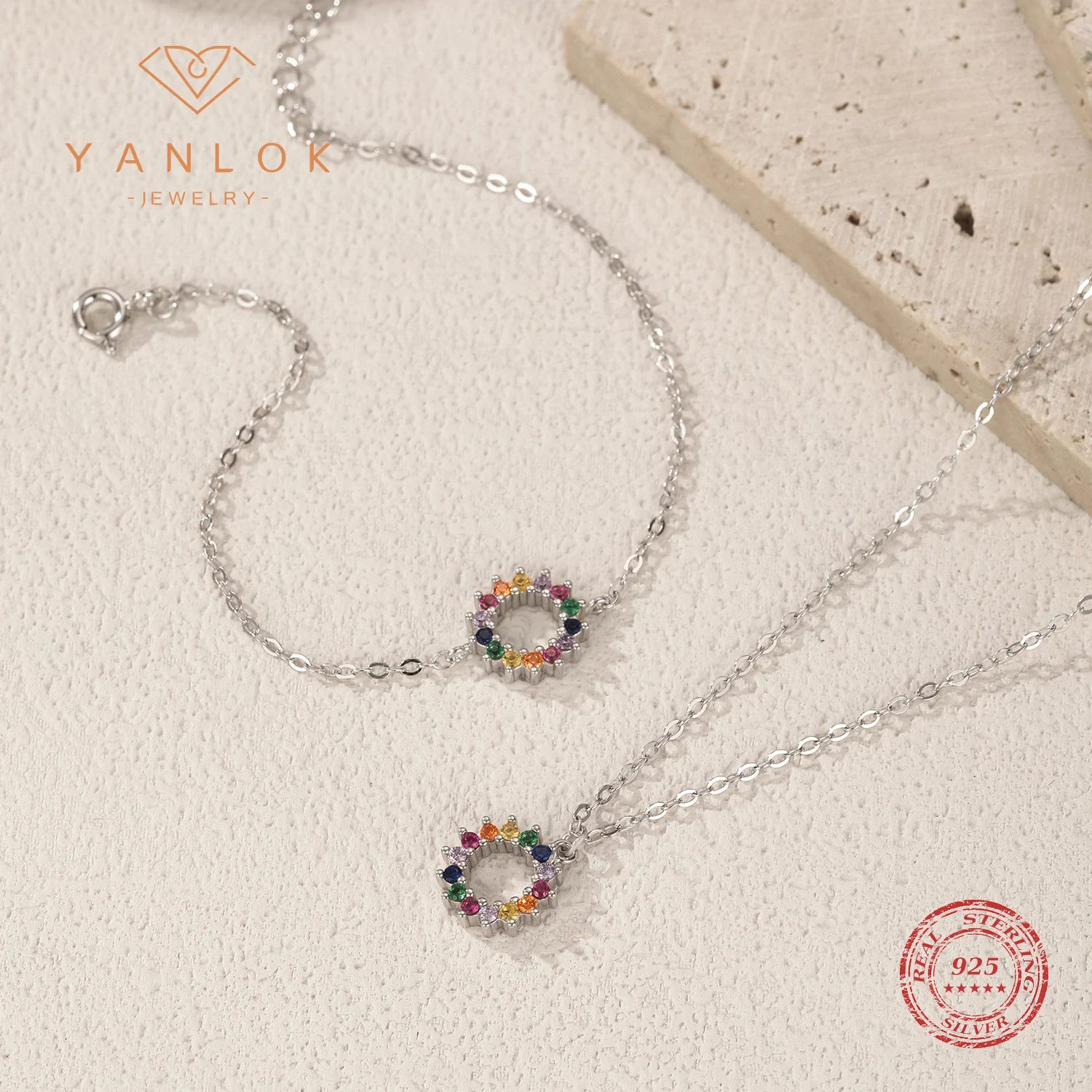 

YANLOK 925 Sterling Silver Colorful CZ Pendant Necklace Simple Daily Sun Link Chain Bracelet For Women Fine Jewelry Sets