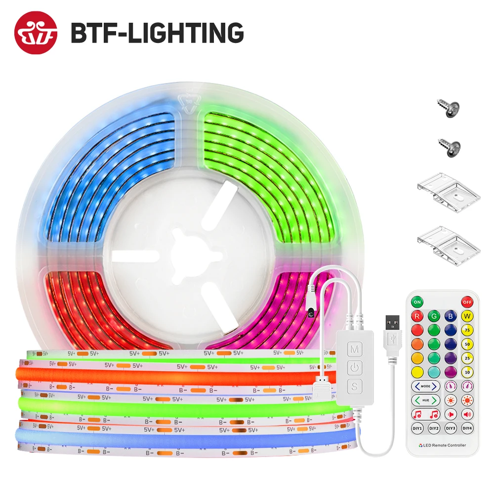 DC5V USB FCOB RGB LED Strip Light Full Set 576 LEDs COB LED Lights IR38 Keys BT Music APP Flexible Dimmable Linear TV Backlight