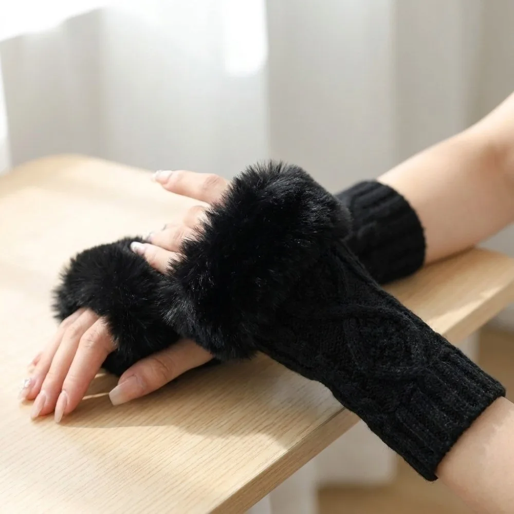 Vintage Cable Knit Fingerless Arm Warmers Rhombus Pattern Warm Half Finger Gloves Faux Fur Cuff Strench Sleeve Cover Outdoor