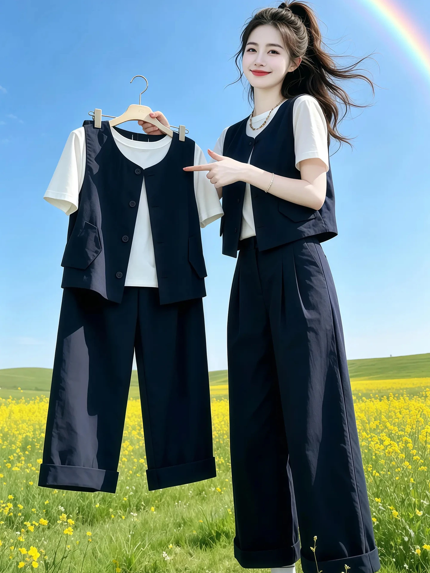 

Korean Style Casual Vest Set Women Summer 2026 Whole Set OOTD Matching T-Shirt Wide Leg Pants Three Piece Set High Waist Loos...