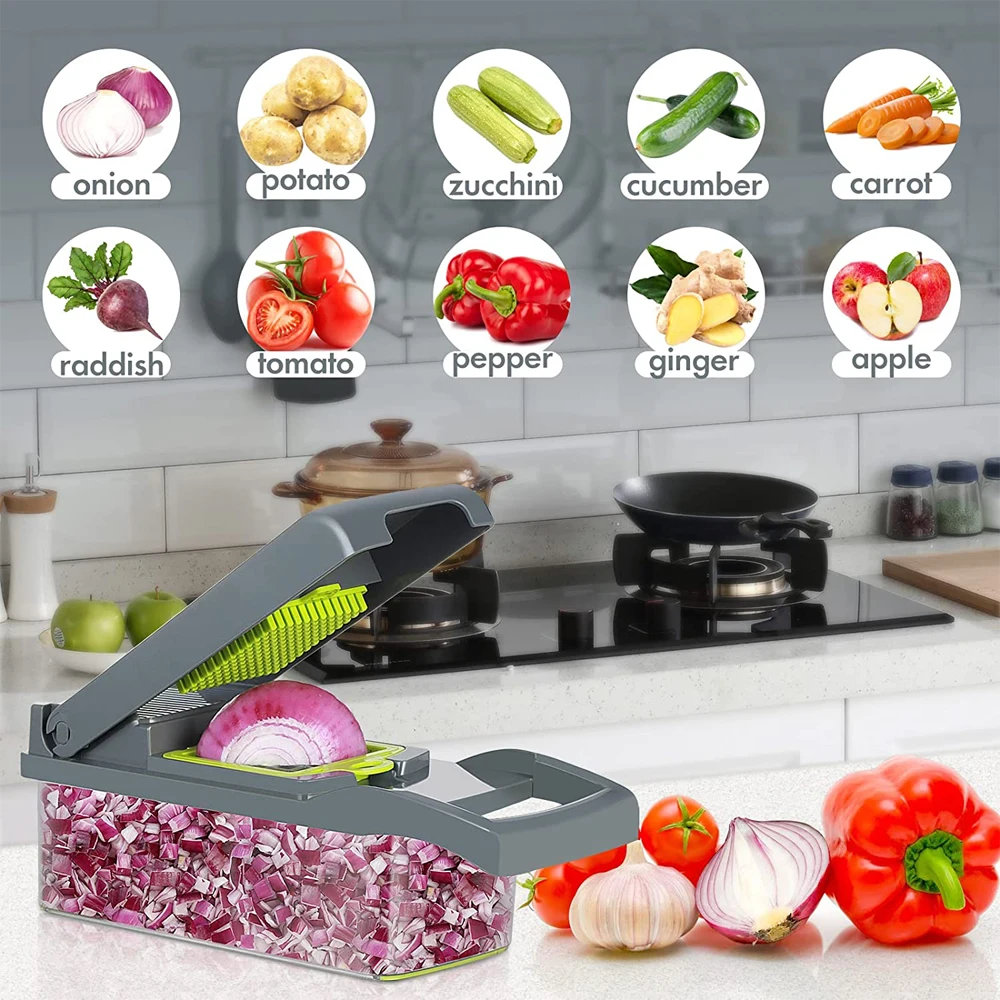 LMETJMA Vegetable Chopper Professional Mandoline Slicer Onion Chopper Veggie Slicer with 8 blades and Filter Basket KC0451