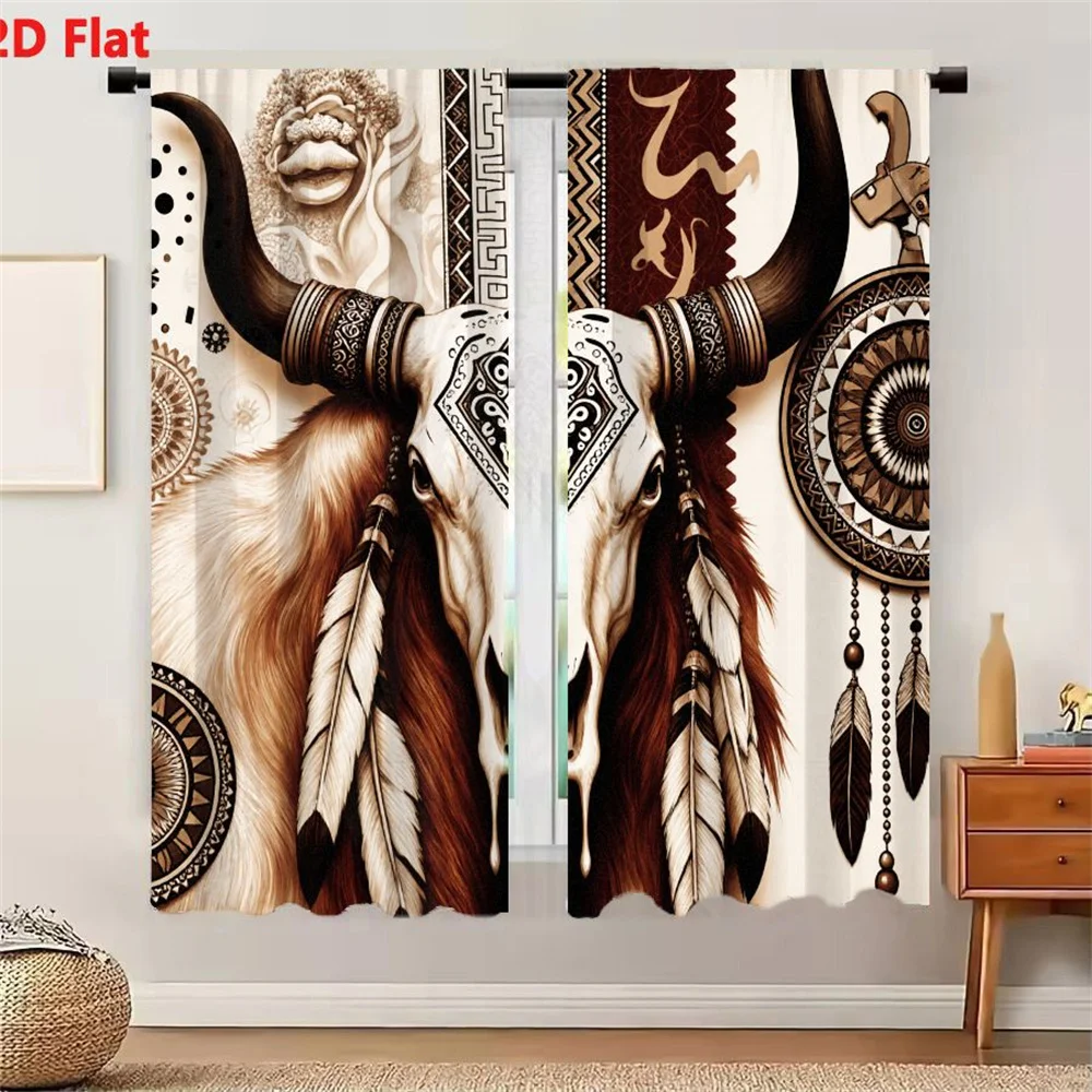 2Pcs Curtains 2D Flat Monochromatic Brown White Artistic Illustration Tribal Bull Skull With Geometric Patterns Feathers Mandala