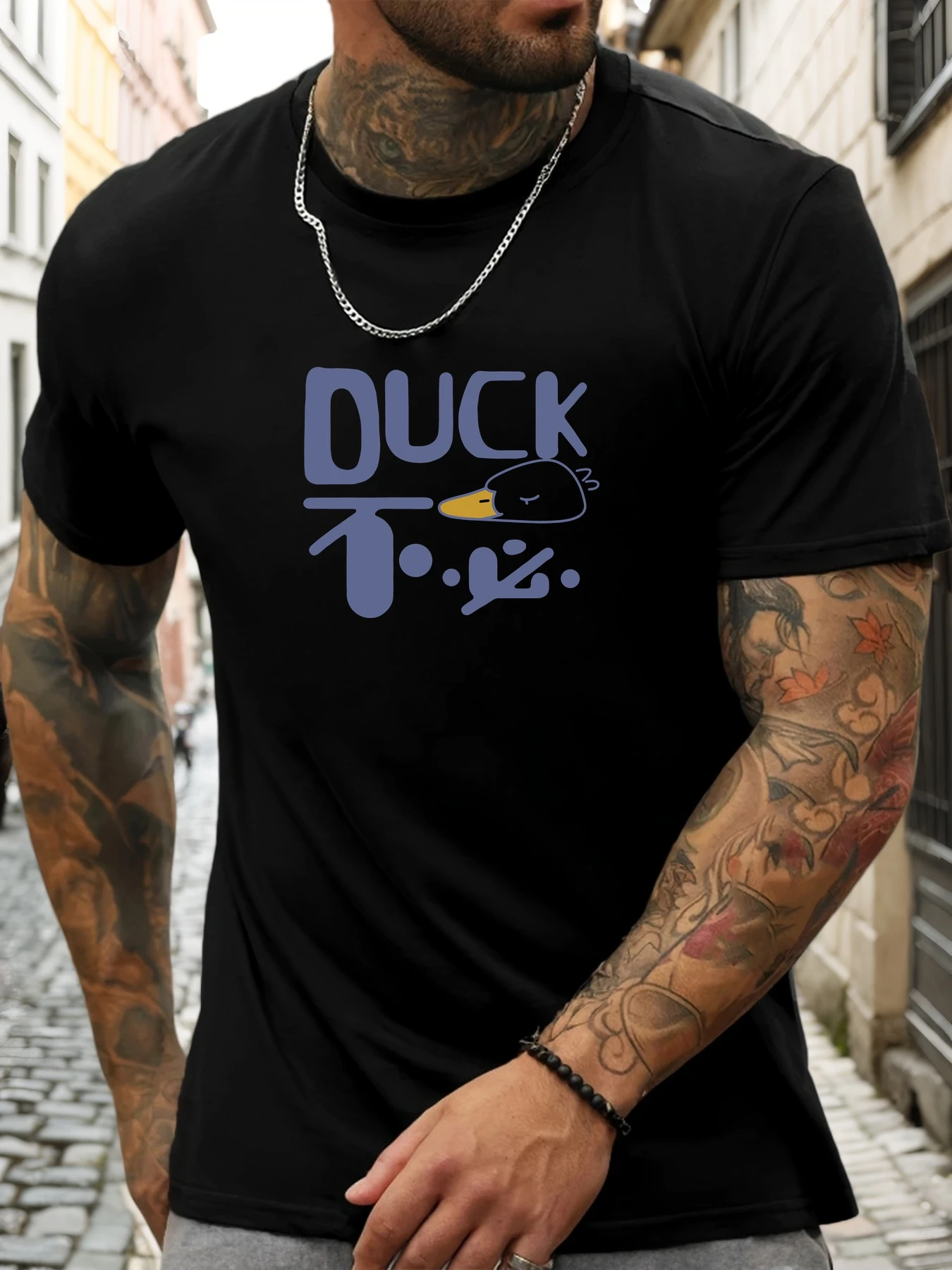 

Short Sleeve T-Shirt Men's Premium 100% Cotton Summer Round Neck Light Blue Duck Cartoon Graphic Print Breathable Daily Wear Tee