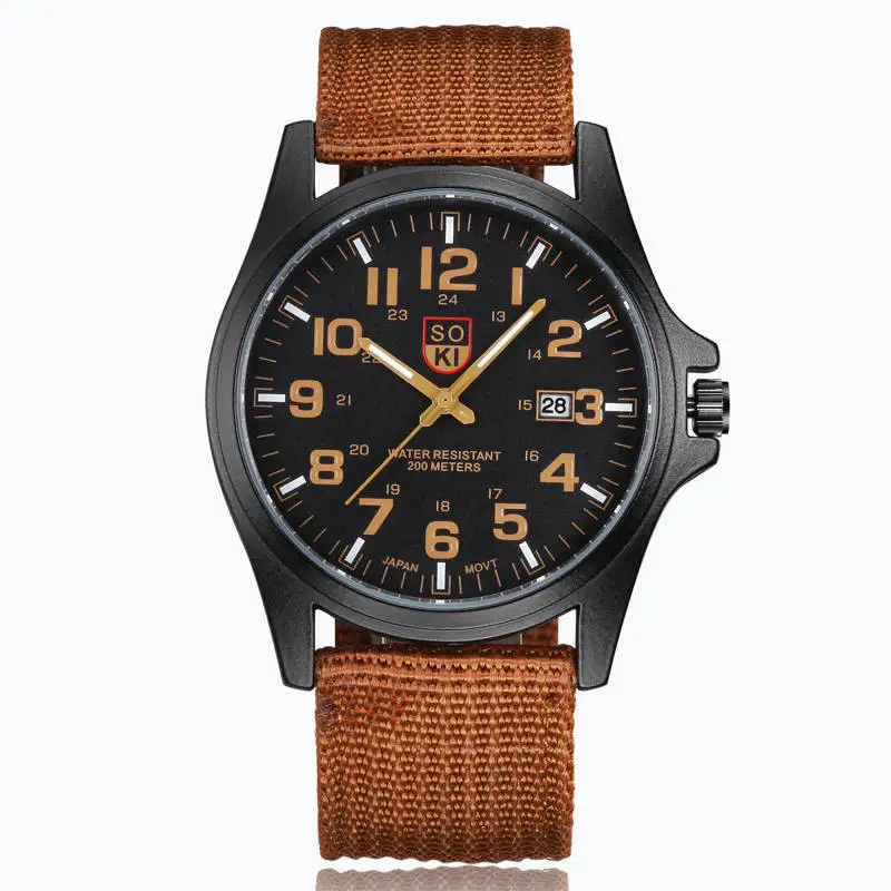 SOKI 1pc Brown Men Nylon Strap Quartz Watch Fashion Simple Round Glass Dial Date Watch For Daily Work Sports