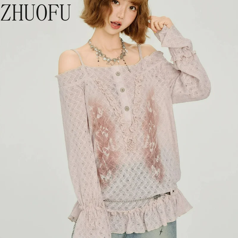 American Retro One-word Shoulder Printing Long-sleeved Women's T-shirt 2026 Autumn Sweet Fungus Edge Loose Pullovers Top Ladies
