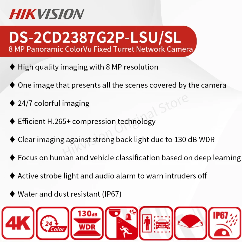 Hikvision 4K Panoramic IP Camera Outdoor 8MP Full Color 180° Security CCTV Smart Strobe Light Audio Alarm DS-2CD2387G2P-LSU/SL