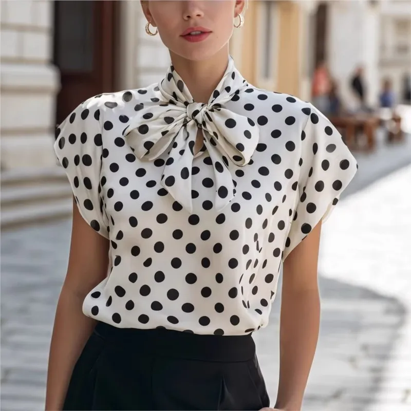 Blusas Boho para Mujer, Nueva Camisa de Verano con Estampado de Lunares y Lazo, Manga Corta, Versátil para el Trabajo, Corte Recto