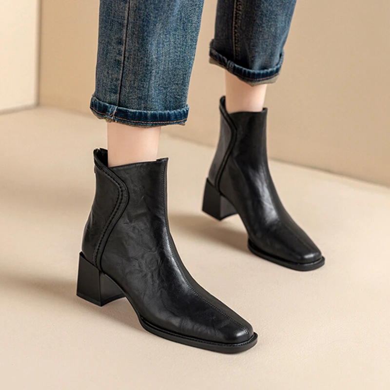 NOWOŚĆ Jesienne buty damskie Square Toe Chunky Heel Boots Split Leather Shoes for Women High Heel Ankle Boots Spring Designer Boots