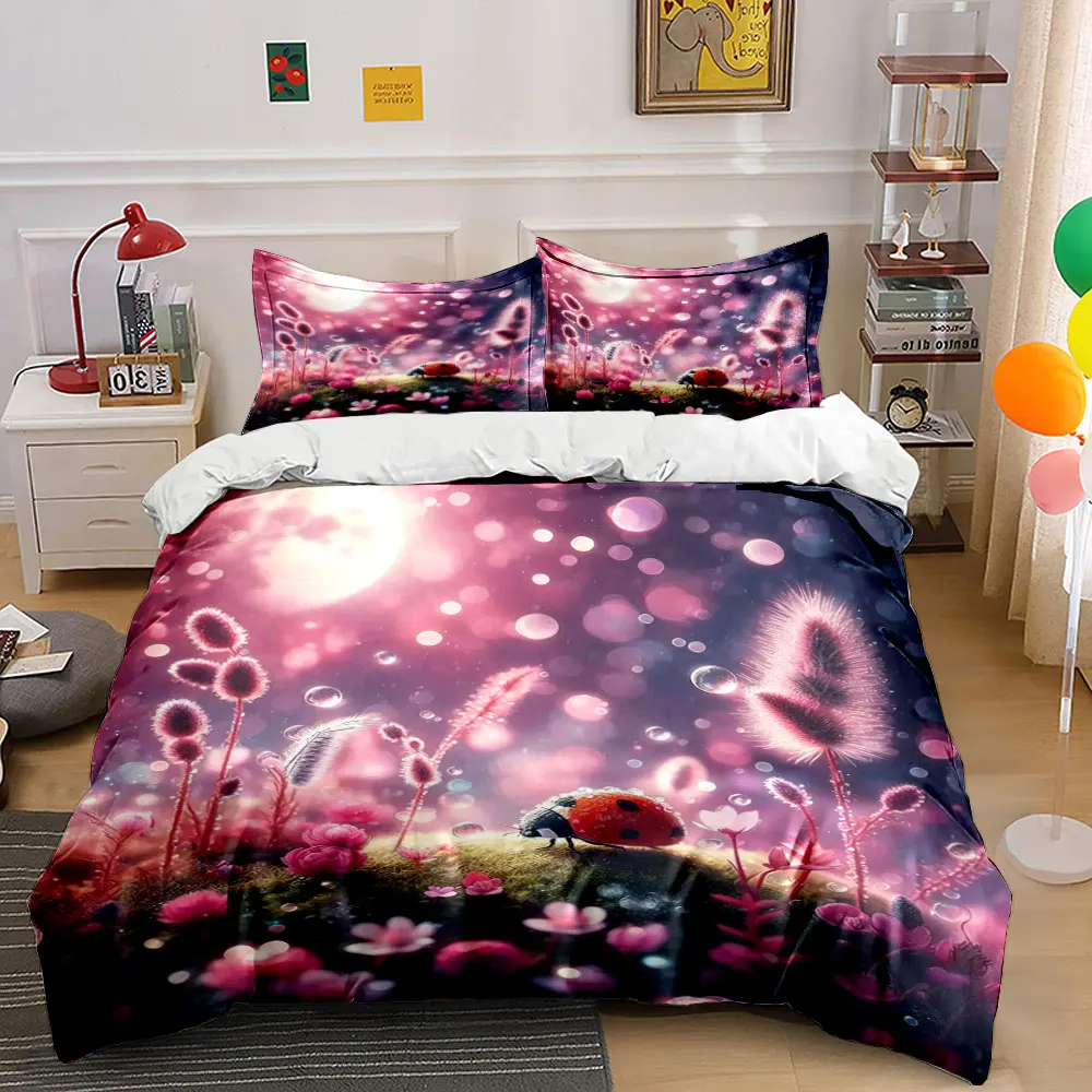 Enchanting Moonlit Ladybug Fantasy Print Bedding Set 1 Duvet Cover 2 Pillowcases for Adult and Children Luxury Gift Full Size