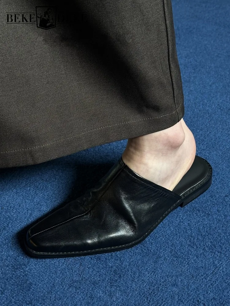 Fashion Mens Close Toe Cowhide Genuine Leather Slippers Summer Business Casual Work Slides Casual Comfortable Slip On Loafers