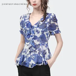 Fashion Blue Floral Printed Chiffon Blouse Women Short Sleeve V-Neck Ruffles Summer Tops Elegant Slim Fit Vintage Casual Shirts