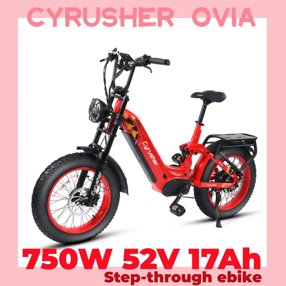 

Cyrusher Ovia Step-Through Ebike | 750W 52V 17Ah Up to 52 Miles Max Range Full Suspension 3.7'' LCD Display Colorful Rims