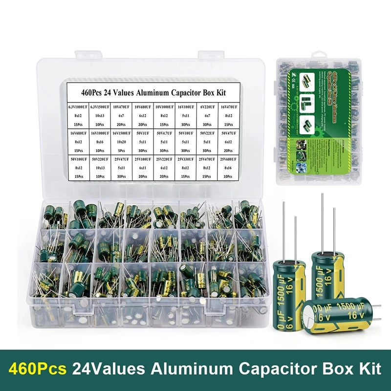 Kit de condensador electrolítico de aluminio, enchufe directo de alta frecuencia verde, 460 piezas, 24 especificaciones, valor de resistencia 6,3 V-50V