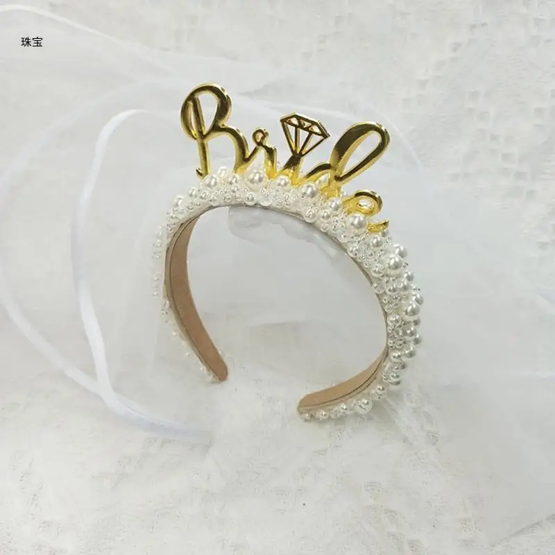 X5QE Aro para Vintage íntegramente con perlas, diadema nupcial, tocado corto tul para novia