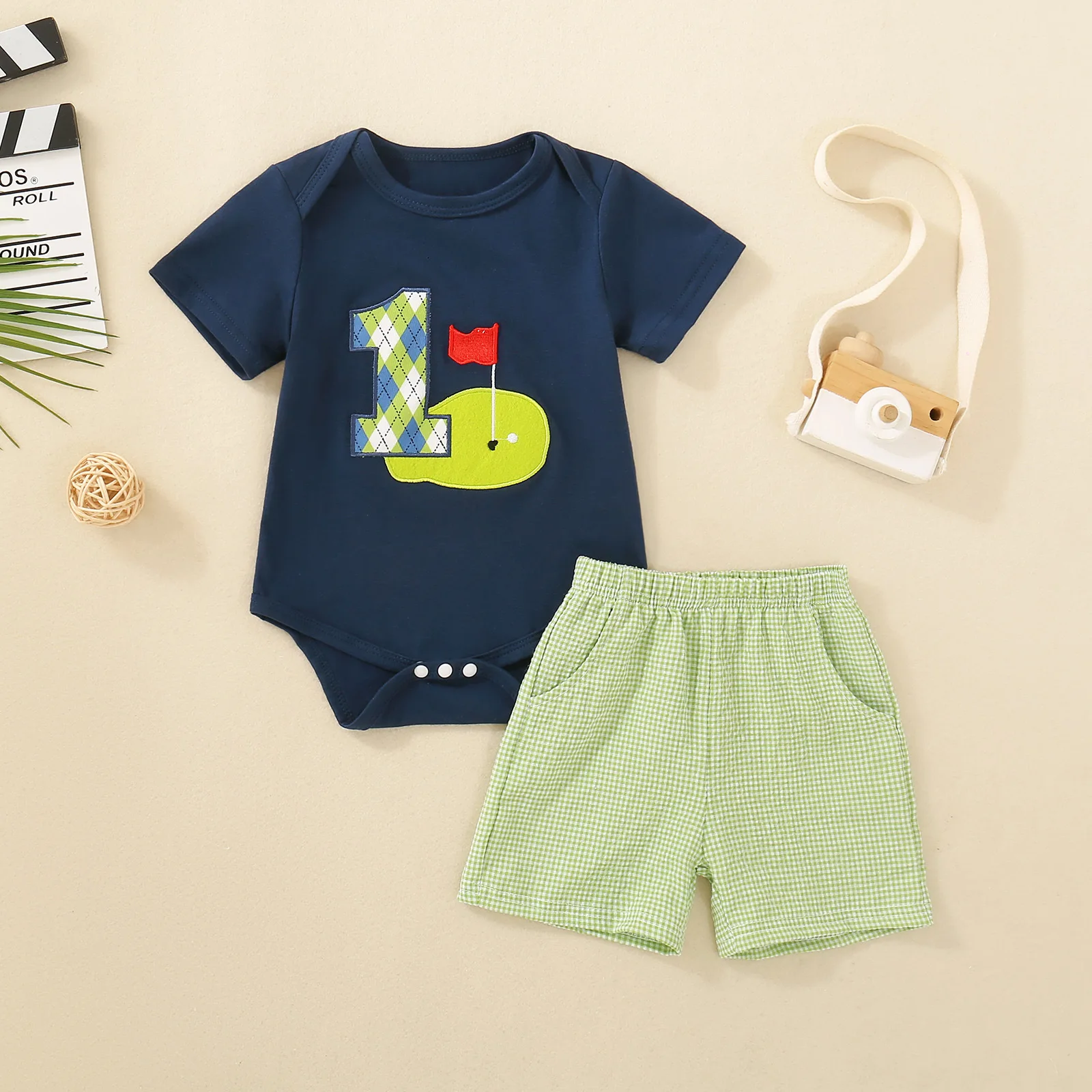 Summer neutral baby 1-year-old baby golf print short-sleeved royal blue T-shirt top and shorts two-piece set