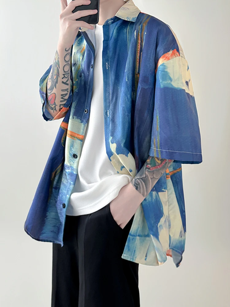 Baroque Tie Dye Oil Painting Men's Short Sleeve Shirt Summer Dopaamine Style Seven Sleeve Couple Half Sleeve Outerwear