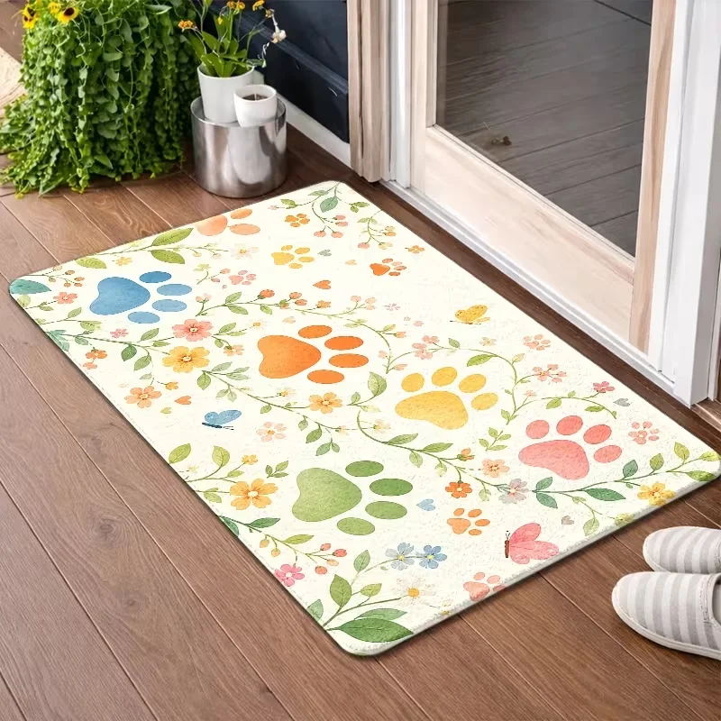Purple Glitter Floral Paw Print Door Mat Non Slip Indoor Entrance Rug Pink Yellow Cherry Blossom Pet Footprint Doormat