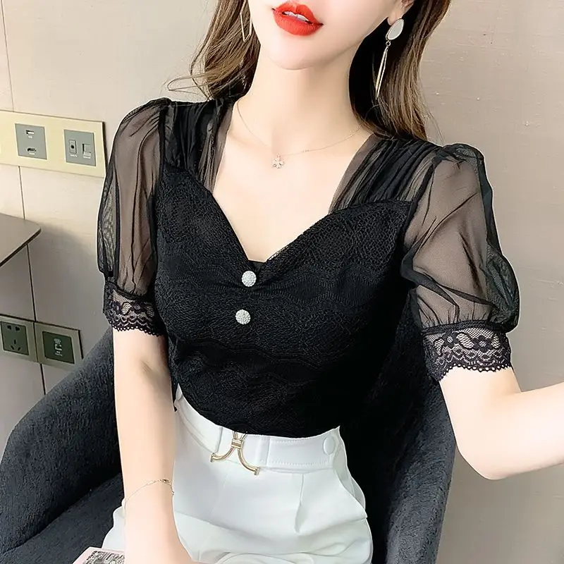 Summer Women\'s Pullover V-Neck Lantern Short Sleeve Lace Patchwork Gauze T-shirt Clothing Office Lady Flattering Korean Tops