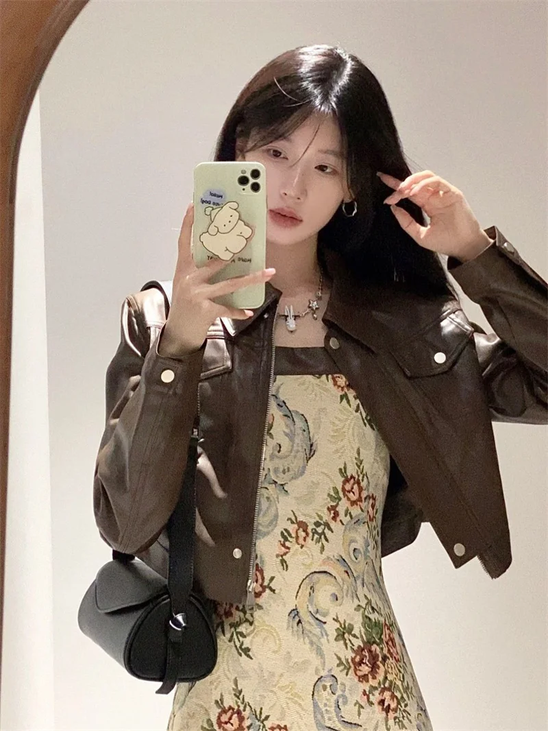 Female Korean Retro Spicy Girl Style Coffee Color Short Leather Jacket 2024 Spring Women's New High-end PU Leather Jacket Top