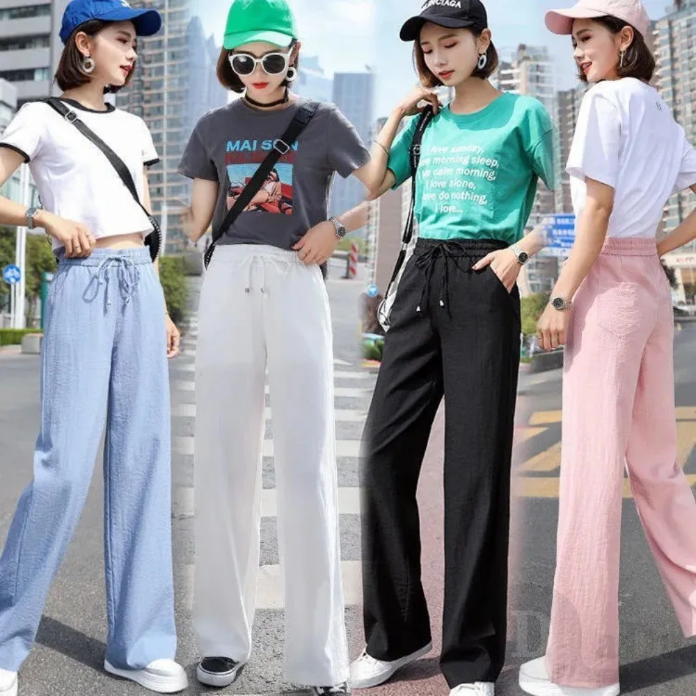 

2024 New Summer Slim Fit Small Casual Straight Leg Fashionable Ice Silk Pants High Waist Drooping Feeling White Wide Leg Pants