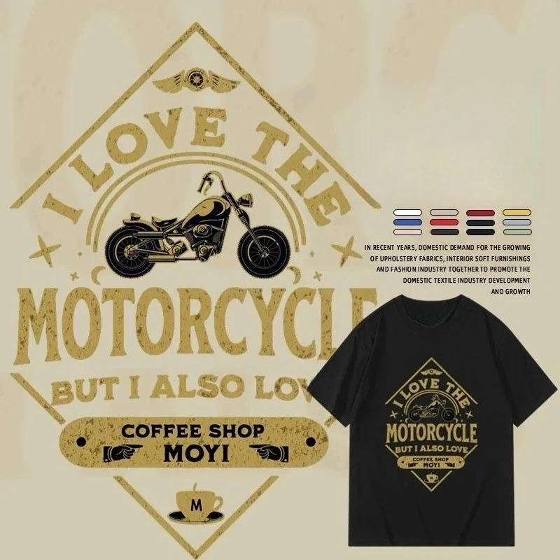 

American Street Style Retro Motorcycle Pattern Printed Short-sleeved T-shirt Summer Pure Cotton Loose Men and Women Casual Wear