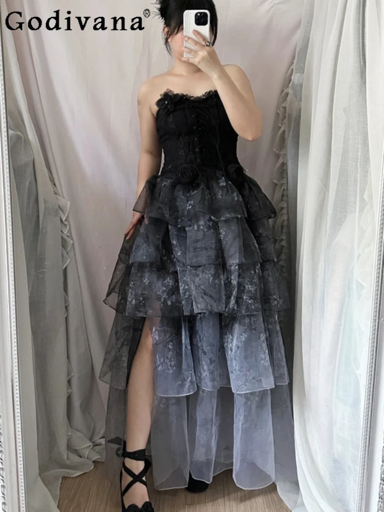 Black Loita Banquet Party Cake Long Princess Sets Elegant Slash Neck Top Fashion Versatile High Waist A-line Age-Reducing Skirt