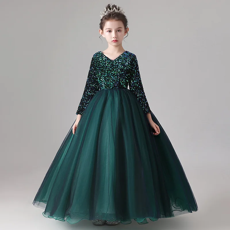 Girls' Dresses Bridesmaid Sequin Long Princess Dresses Flower Girls Formal Wedding Evening 2- 14 Years Kids Pageant Vestidos