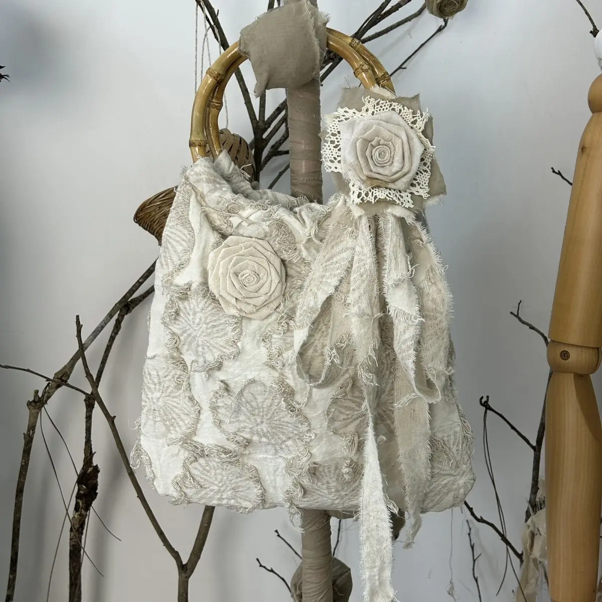 

JIAERDI Fairycore Aesthetic Beige Handbag Purse Women Cotton Bamboo Knot Shoulder Bags Ladies Retro Flower Y2k Bags 2025 New
