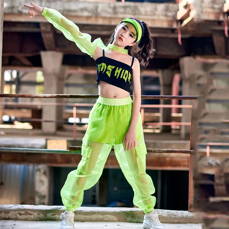 Top pantaloni a rete bambini Performance Outfit Hip Hop abbigliamento per bambini ragazze Jazz Street Dance Costume verde a maniche singole Crop