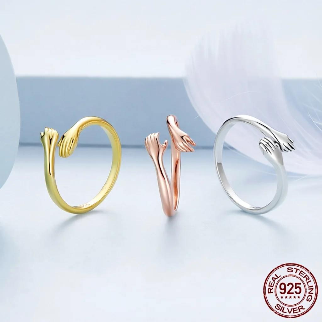 LAYA 925 Sterling Silver Hug Open Ring Warm Love Hand Adjustable Glossy Ring for Women, Big Loving Family Party Couple Gift