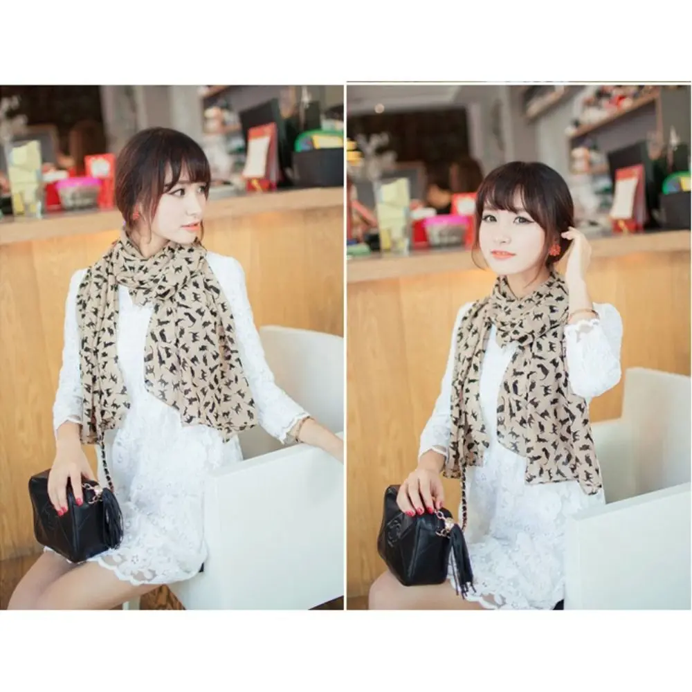 Trendy Women Girls Chiffon Scarf Graffiti Luxury Brand Design Cartoon Cat Printed Scarf Gift Kitten Shawl Scarf