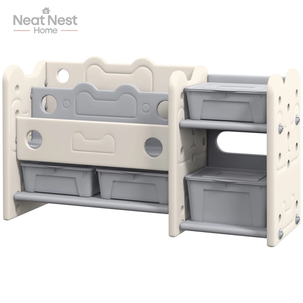 

Kids Bookshelf,Kids Furniture,Kids Toy Storage,2 Tier Toy Organizer with 4 Storage Boxes, Kids Room,Nursery,Playroom,Cream White