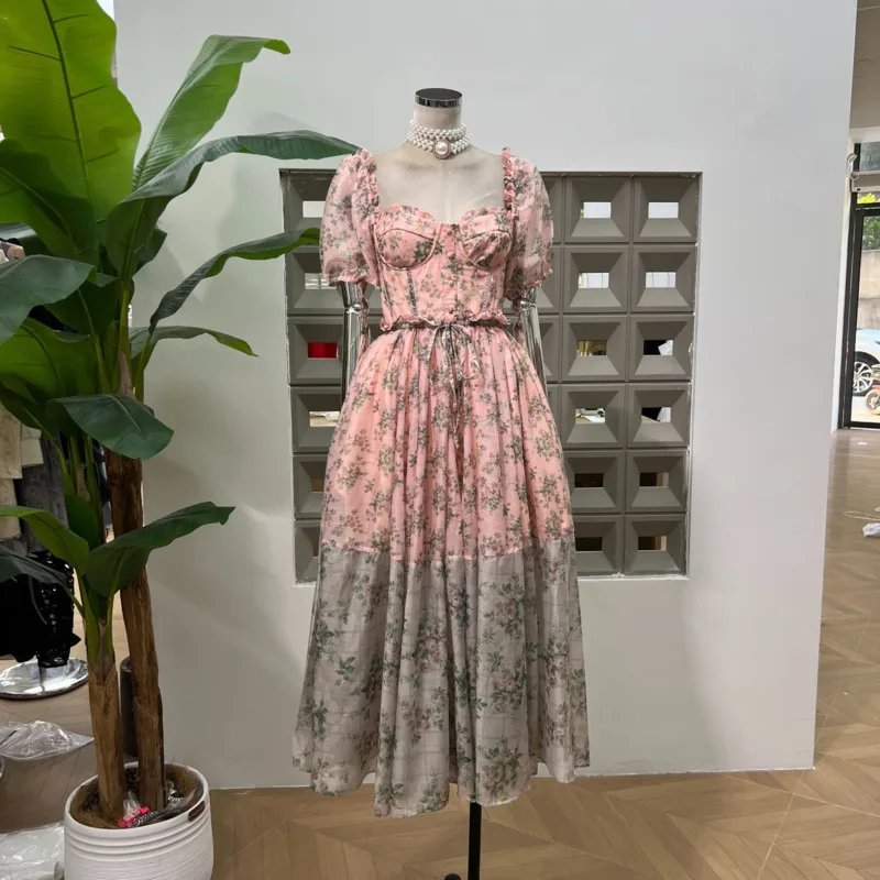 DFDG 2025 femmes Vintage Boho imprimé fleuri bouton avant Maxi robe bouffante manches courtes soyeux TouchSpring été décontracté fête