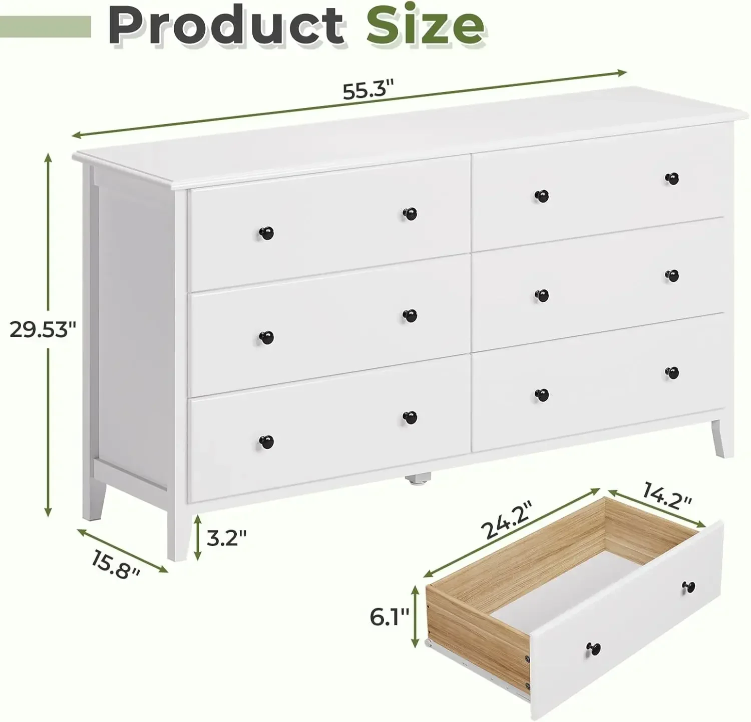 White Dresser for Bedroom, 55.3'' Long Dresser Chest of Drawers, Large Capacity 6 Drawer Double Dresser, Solid Wood Storage