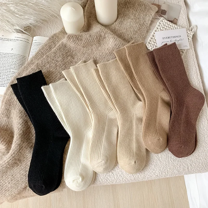 

New Winter Cashmere Wool Woman Socks Solid Cream Color Harajuku Retro Long Socks Women Girls Thermal Crew Sock Calcetines Mujer