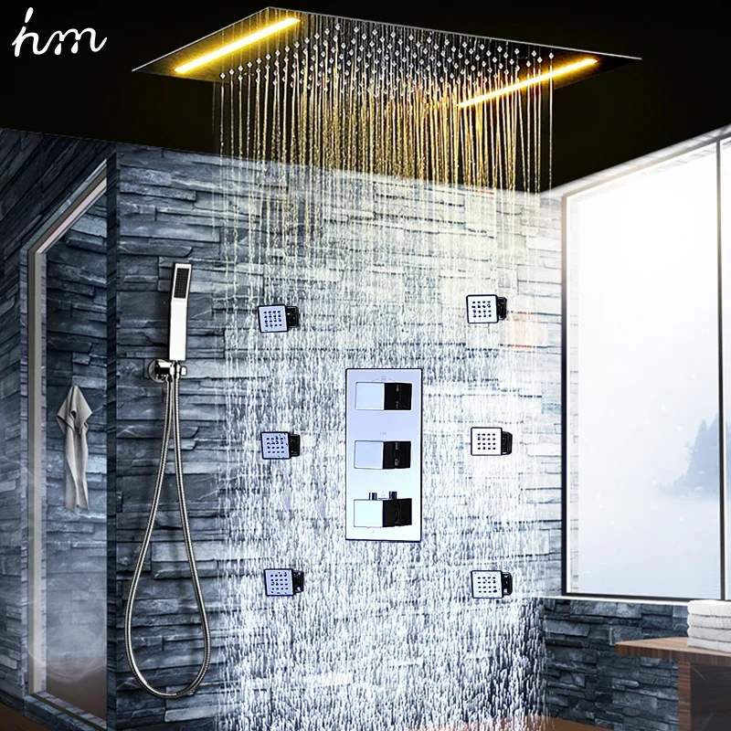 High Quality Bathroom Ceiling Rainfall Shower Set 360*500MM LED Rain Shower Head Panel With Thermostatic Diverter Mixer Faucets