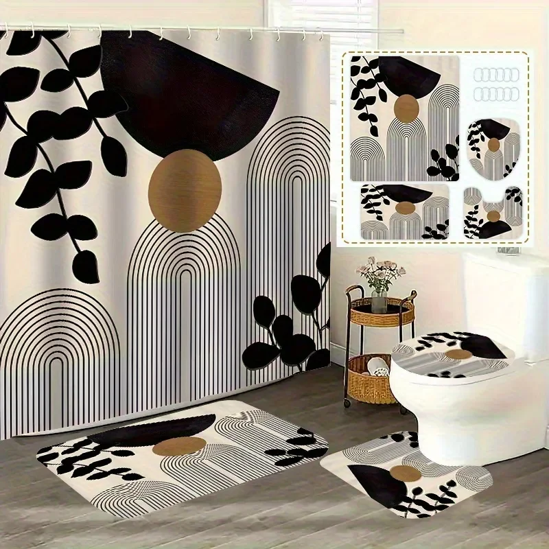 4 Pcs Boho Abstract Shower Curtain Set Waterproof Fabric Bath Curtain Geometric Non-Slip Bath Mat Toilet Lid Cover Decor
