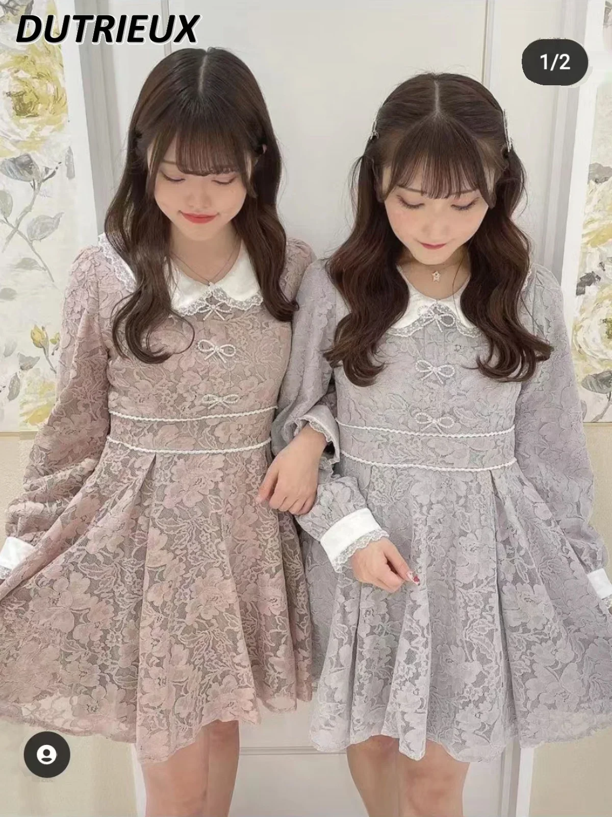 

Spring Autumn Japanese Style Lace Splicing High-waisted Lady Casual Elegant Dress Bow Buckle Long-sleeved Dresses for Women